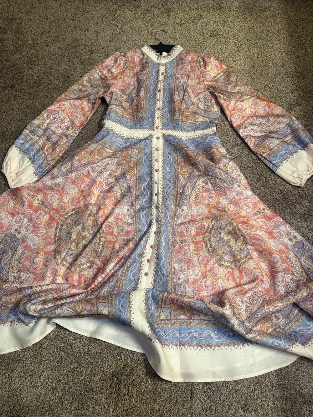 Paisley Button-Front Long Sleeve Midi Dress in Multi-Color